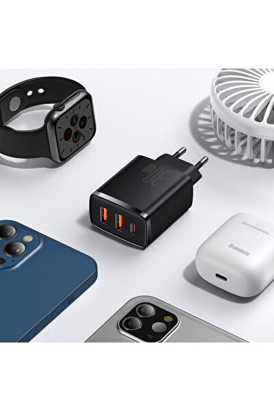 Baseus Συμπαγής φορτιστής τοίχου, USB-C, PD, 30W και 2x USB-A, QC 3A, (CCXJ-E01) - Μαύρο