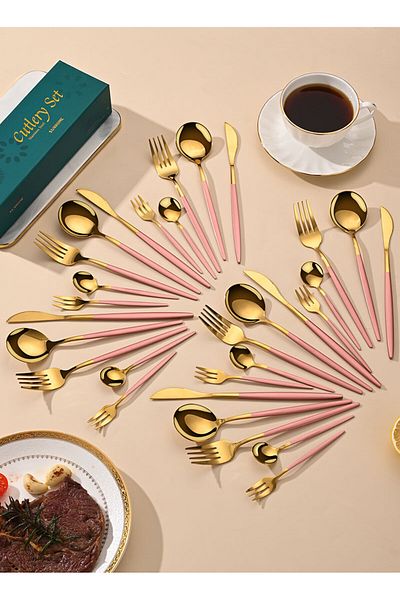 sharpdo SUNHOME 30-Piece Stainless Steel Cutlery Set Pink/Gold