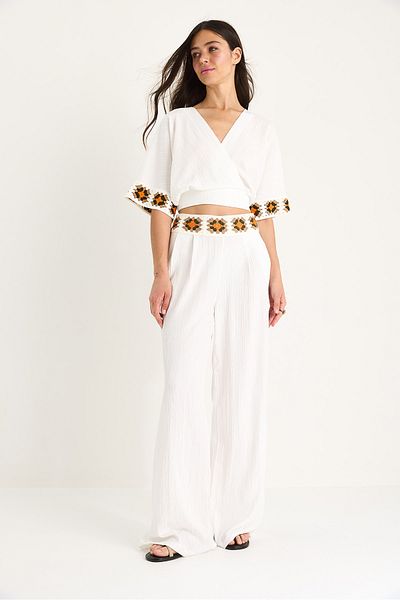 Bianco Lucci Women's Knitted Detailed Double Breasted Collar Waist Belted Crop High Waist Trousers Set 60104 60283442