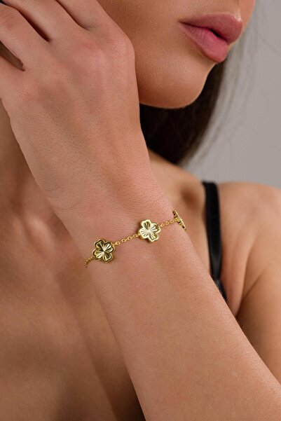 Tmt Silver Gümüş Altın Gold Kaplama Üçlü Yonca Çiçek Lazer İşlemeli Taşsız Bi...