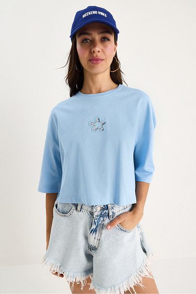 Bianco Lucci Women's Star Embroidery Crew Neck 100% Cotton Crop T-Shirt 6703 60283449