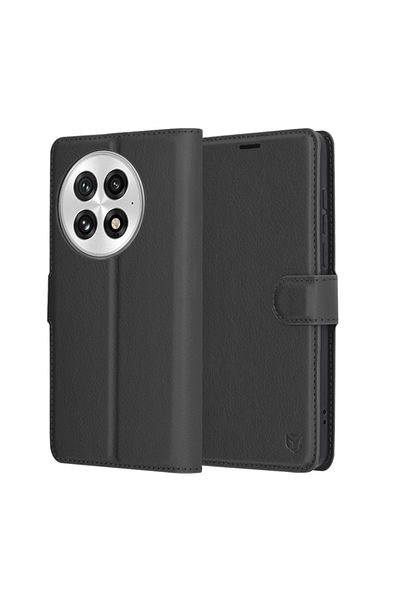 SKYDDAR INNOVATION Husă pentru OnePlus 13, piele tip folio, portofel interior, finisaje premium, set de stickere, neagră