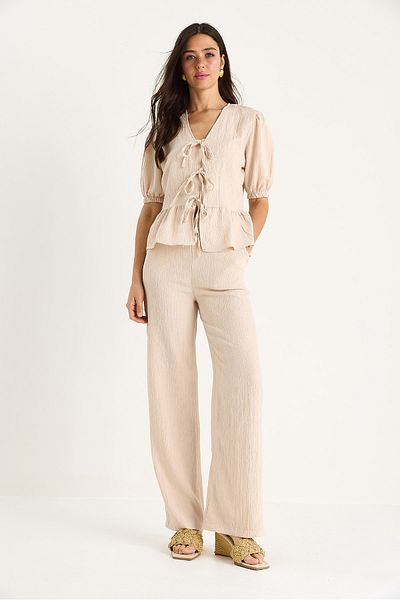 Bianco Lucci Women's Tie Detail Blouse Pants with Elastic Sleeves Wrinkle Suit 8015 60283448