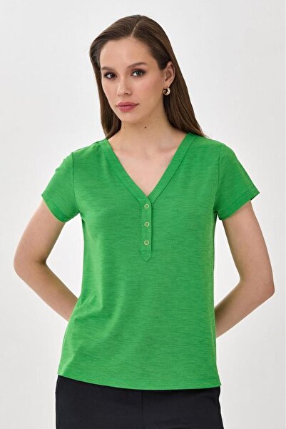 İKİLER V Yaka Önü Çıtçıtlı Kısa Kol Bluz 025-1047