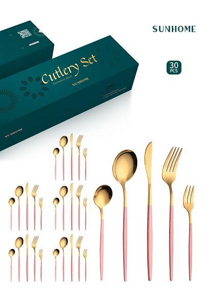 sharpdo SUNHOME 30-Piece Stainless Steel Cutlery Set Pink/Gold
