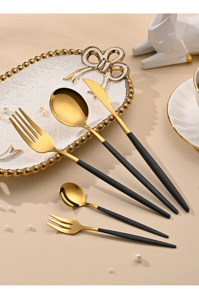sharpdo SUNHOME 30-Piece Stainless Steel Cutlery Set Black/Gold
