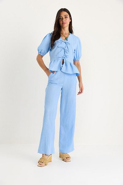 Bianco Lucci Women's Tie Detail Blouse Pants with Elastic Sleeves Wrinkle Suit 8015 60283448