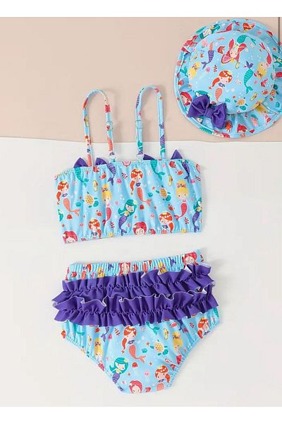 3b kids Mermaid Baby Swimsuit Bikini Suit with Hat Protected