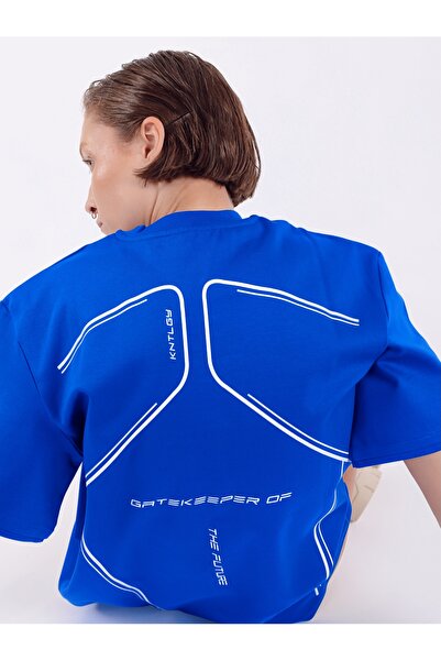 KNTLGY Mavi Unisex Oversize Bisiklet Yaka Logolu Arkası Baskılı Kısa Kollu T-...