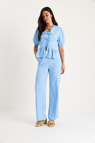 Bianco Lucci Women's Tie Detail Blouse Pants with Elastic Sleeves Wrinkle Suit 8015 60283448