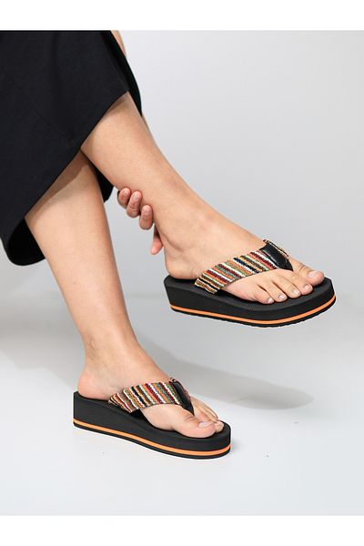 HANOX Hitit Retro Black Wedge Heel Women's Flip Flops Beach Slippers Flip Flops (4.0) cm