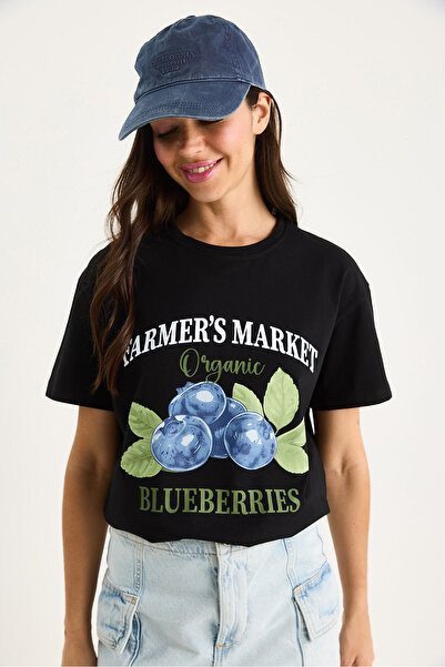 Bianco Lucci Women's Blueberries Printed Crew Neck 100% Cotton T-Shirt 6702 60283451