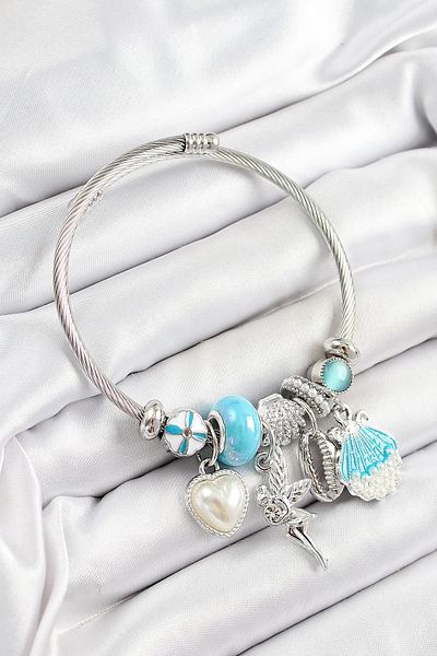 Clariss 316L Steel Blue Zircon Stone Star Angel Oyster and Heart Model Silver Color Charm Bracelet