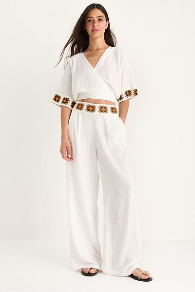 Bianco Lucci Women's Knitted Detailed Double Breasted Collar Waist Belted Crop High Waist Trousers Set 60104 60283442