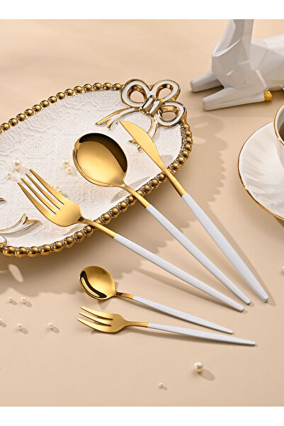 sharpdo طقم أدوات مائدة من الفولاذ المقاوم للصدأ من صن هوم، 30 قطعة، أبيض/ذهبي