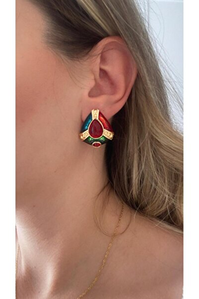 oly aksesuar kırmızı taş detay vintage küpe