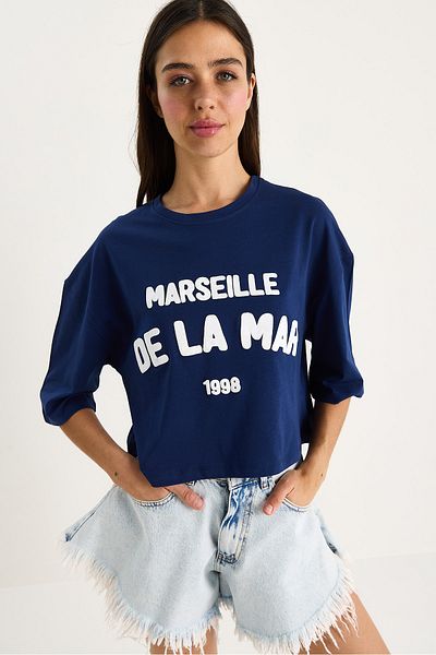 Bianco Lucci Women's Text Printed Crew Neck 100% Cotton Crop T-Shirt 6705 60283450