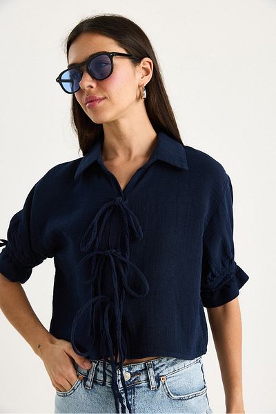 Bianco Lucci Women's Tie Detailed Sleeves Gathered Muslin Crop Shirt 2111 60283446