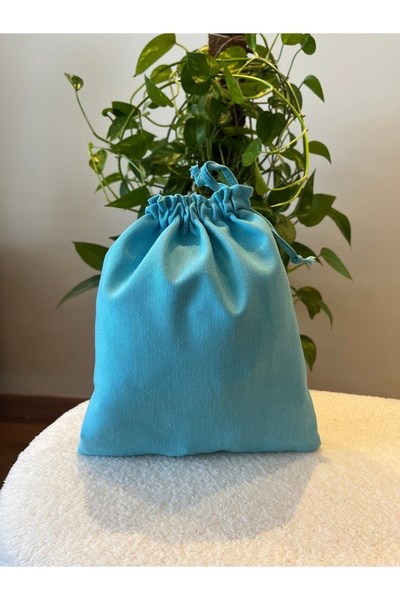 MEKİK BUTİK Mavi keten bez kese - makyaj çantası - çanta içi düzenleyici- 20x...