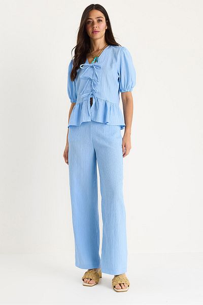 Bianco Lucci Women's Tie Detail Blouse Pants with Elastic Sleeves Wrinkle Suit 8015 60283448
