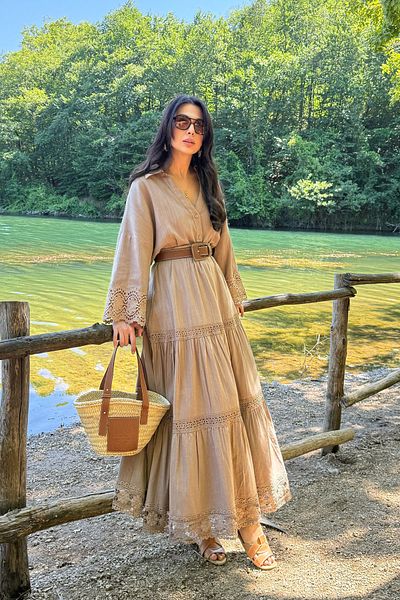 Seda Yalçın Atelier Brown Linen Guipure Detailed Skirt and Shirt Set