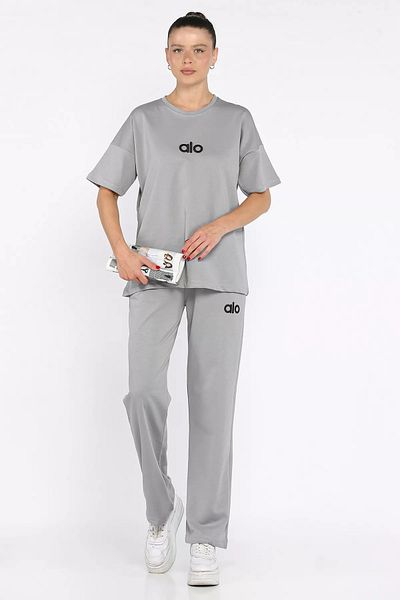 GÜLSELİ Gray Crew Neck Embroidered Women's T-Shirt Pants Double Set