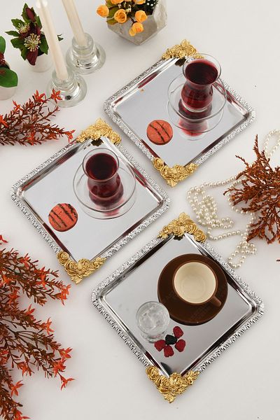AKSESUAR EVRENİ Luna Silver Framed Flower Patterned Stainless 3-Piece Decorative Square Presentation Tray