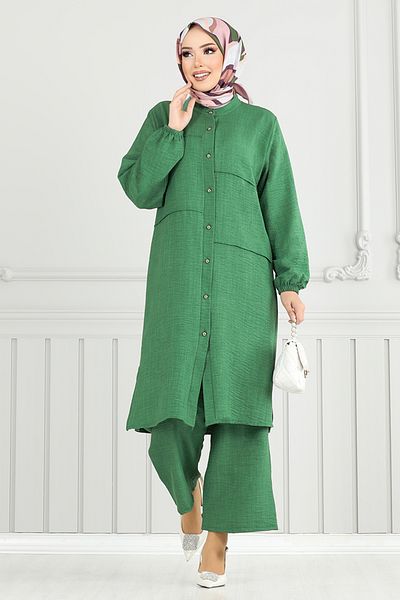 ModaMerve Front Button Hijab Suit 3114Hbs932-M Green