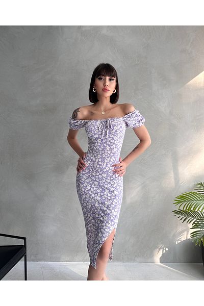 EYLANA Summer Flower Pattern Watermelon Sleeve Slit Detail Dress