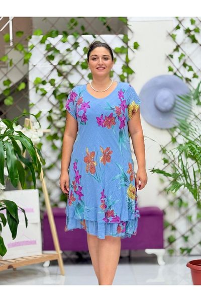 Punta Otantik Nc50123 Italian Short Sleeve Cotton Linen Dress Blue