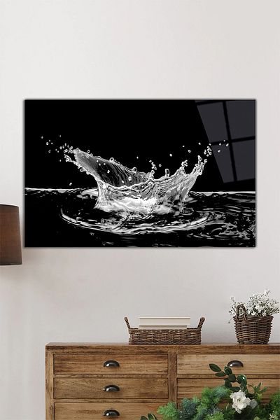 Rosyvien Pictură pe sticlă orizontală Splash de apă pe fundal negru, modernă, decor de perete pentru casă și birou, cadou de lux