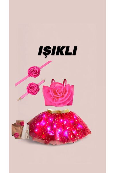 3b kids pembe tütü yıldız ışıklı etek pembe güllü bluz alt üst takımı güllü k...