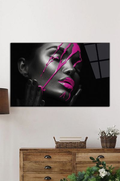 Rosyvien Tablou de sticlă orizontal pentru femei pictat în roz, artă curajoasă, decor de perete pentru casă și birou, cadou de lux