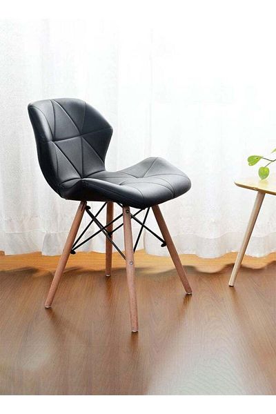 Taimi Modern Dining Chair, PU Leather Seat, Natural Wood Legs, Scandinavian Design , Black