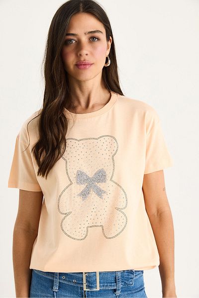Bianco Lucci Women's Teddy Ribbon Detailed Stone T-Shirt 60602035