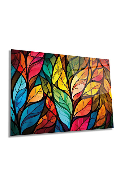 Rosyvien Pictură pe sticlă orizontală cu frunze abstracte colorate, natură, d...