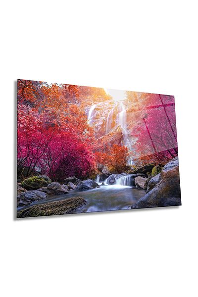 Rosyvien Autumn Leaves Nature Waterfall Landscape Horizontal Glass Painting, Home and Office Wall Decoration, Luxury Gift