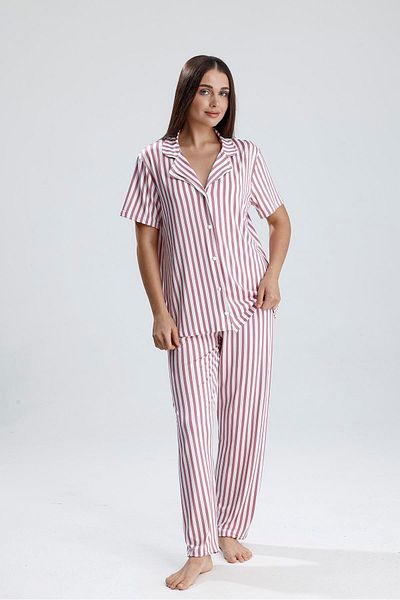 LİRONA Purple Striped Short Sleeve Women's Pajama Set |   2072176506
