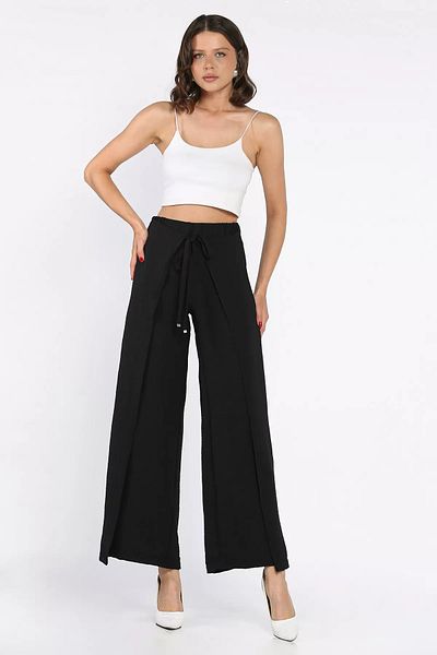 GÜLSELİ Black Slit Detailed Covered Wide Leg Women's Trousers