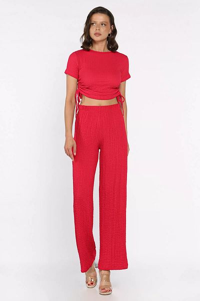 GÜLSELİ Fuchsia Women's Self Patterned Side Gathered Blouse Pants Double Suit
