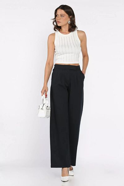 GÜLSELİ Navy Blue Women's Elastic Waist Velcro Palazzo Trousers