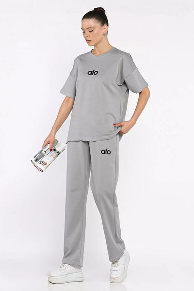 GÜLSELİ Gray Crew Neck Embroidered Women's T-Shirt Pants Double Set