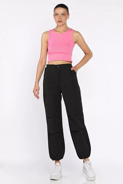 GÜLSELİ Black Women's High Waist Parachute Pants with Elastic Waist and Legs
