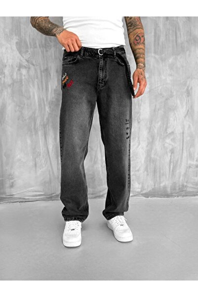 ablukaonline Ανδρικό Slogan Κεντημένο φαρδύ τζιν παντελόνι μαύρο