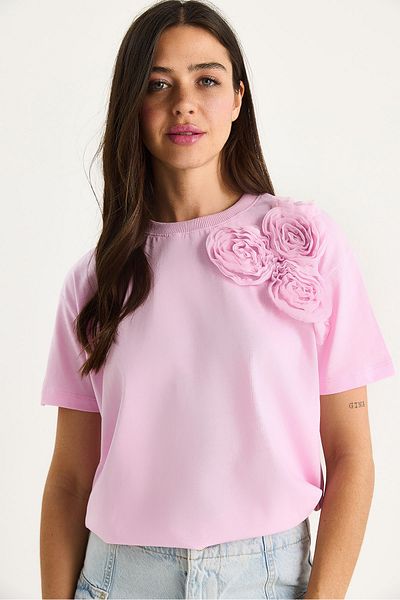 Bianco Lucci Γυναικείο T-Shirt με λαιμόκοψη με κανονικό λαιμόκοψη με αξεσουάρ λουλουδιών 60602030