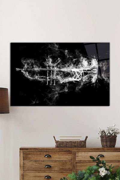 Rosyvien Tablou de sticlă orizontală cu trompetă în fumuri, artă abstractă, decor de perete pentru casă și birou, cadou de lux