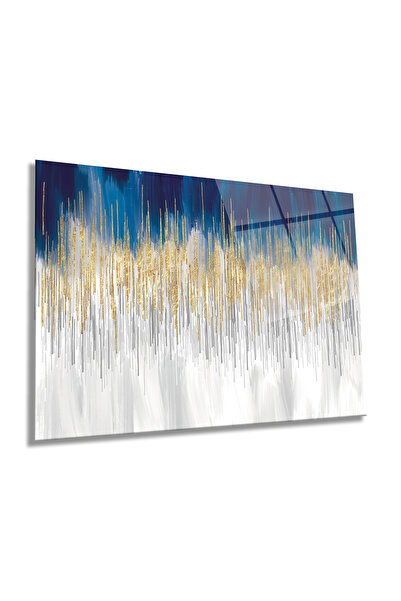 Rosyvien Pictură abstractă pe sticlă orizontală albastră și aurie, modernă, d...