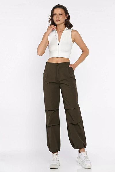 GÜLSELİ Khaki Women's High Waist Parachute Pants with Elastic Waist and Legs