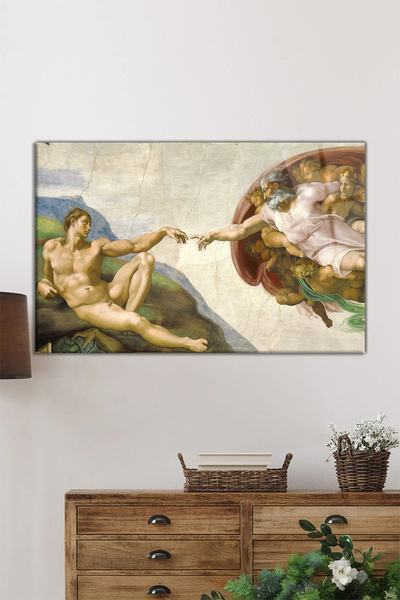 Rosyvien Michelangelo Adem'in Yaratılışı Yatay Cam Tablo, Klasik, Ev ve Ofis Duvar Dekoru, Lüks Hediyelik