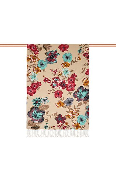 ipekevi Cream Petunia Patterned Silk Shawl